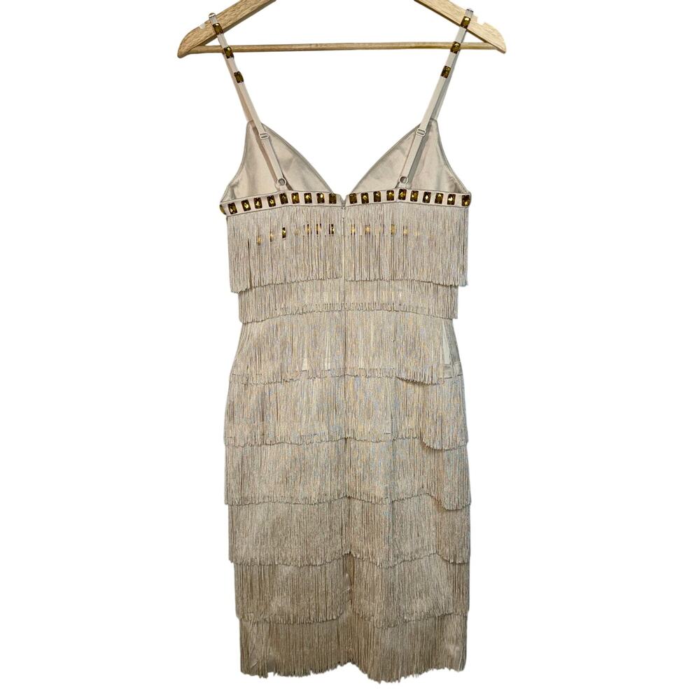 NWT Mandalay Cream Ivory Gold Beaded Fringe Midi Evening Cocktail Dress Womens 6 - Picture 6 of 16